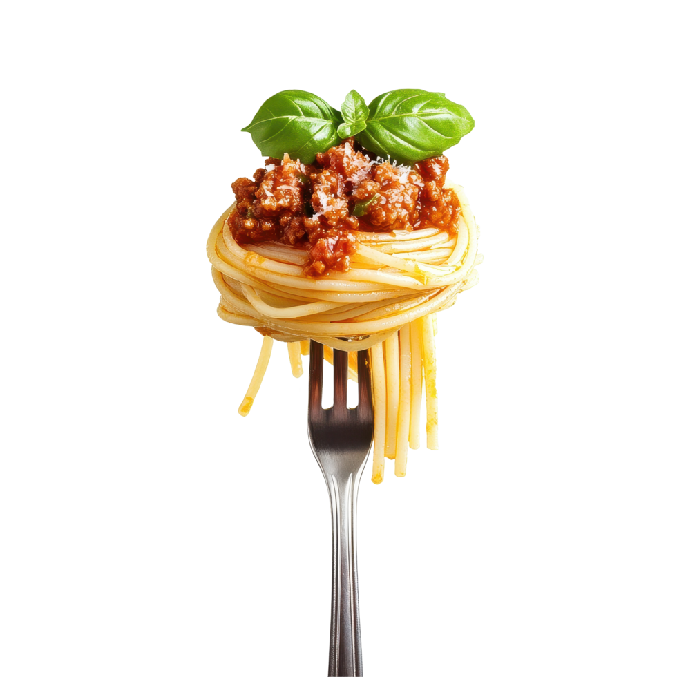 Spaghetti with bolognese sauce elegantly spiraled around a fork against a clean background, Spaghetti with sauce bolognese hanging on a fork isolated on Transparent background, background png