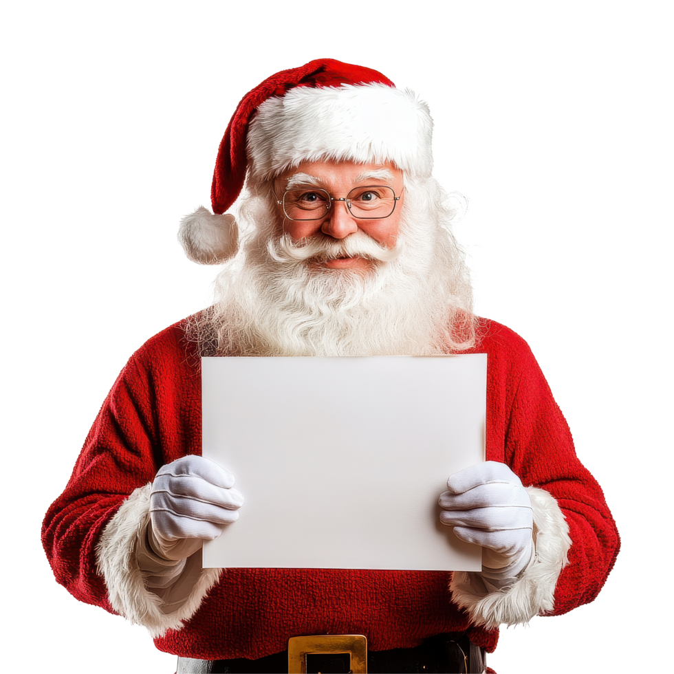 Santa Claus holds a blank holiday greeting card against a Transparent background for seasonal celebration, Santa Claus Holding Holiday Greetings On png