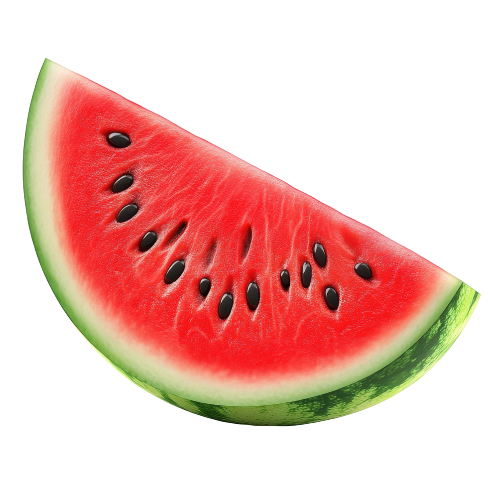 Freshly cut watermelon wedge with vibrant red flesh and seeds on plain Transparent background, watermelon isolated background png