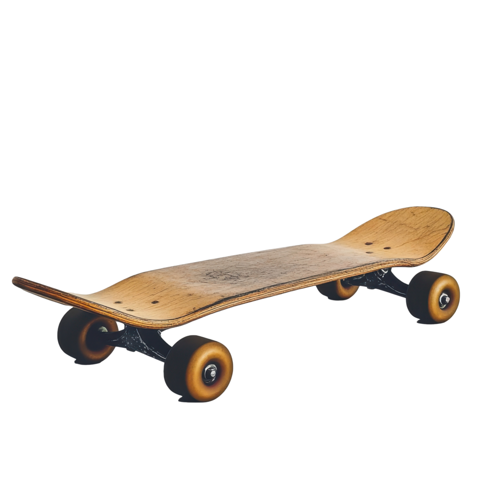 Skateboard with wheels resting on a smooth white surface in a well-lit area, skateboard with wheels attached to it on a white surface, Transparent background png
