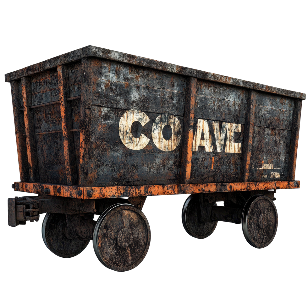Rusty old train cart with coal markings sits in an abandoned location revealing its age and history, rusty old train cart with coal written on it, Transparent background png