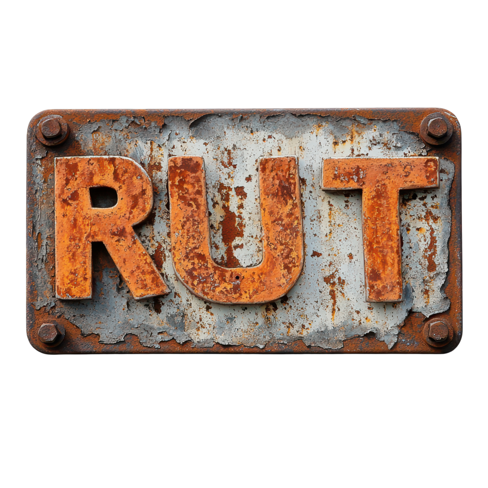 Rusted metal sign displaying the word rust in a weathered and aged condition, rusted metal sign with the word rust written on it, Transparent background png