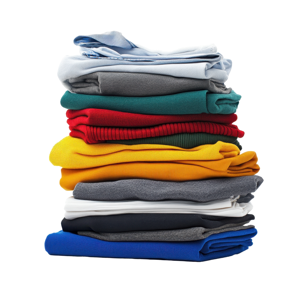 Clean clothing stack arranged neatly on a Transparent background for an organized appearance, Stack of clean clothes White background, isolated solid background png