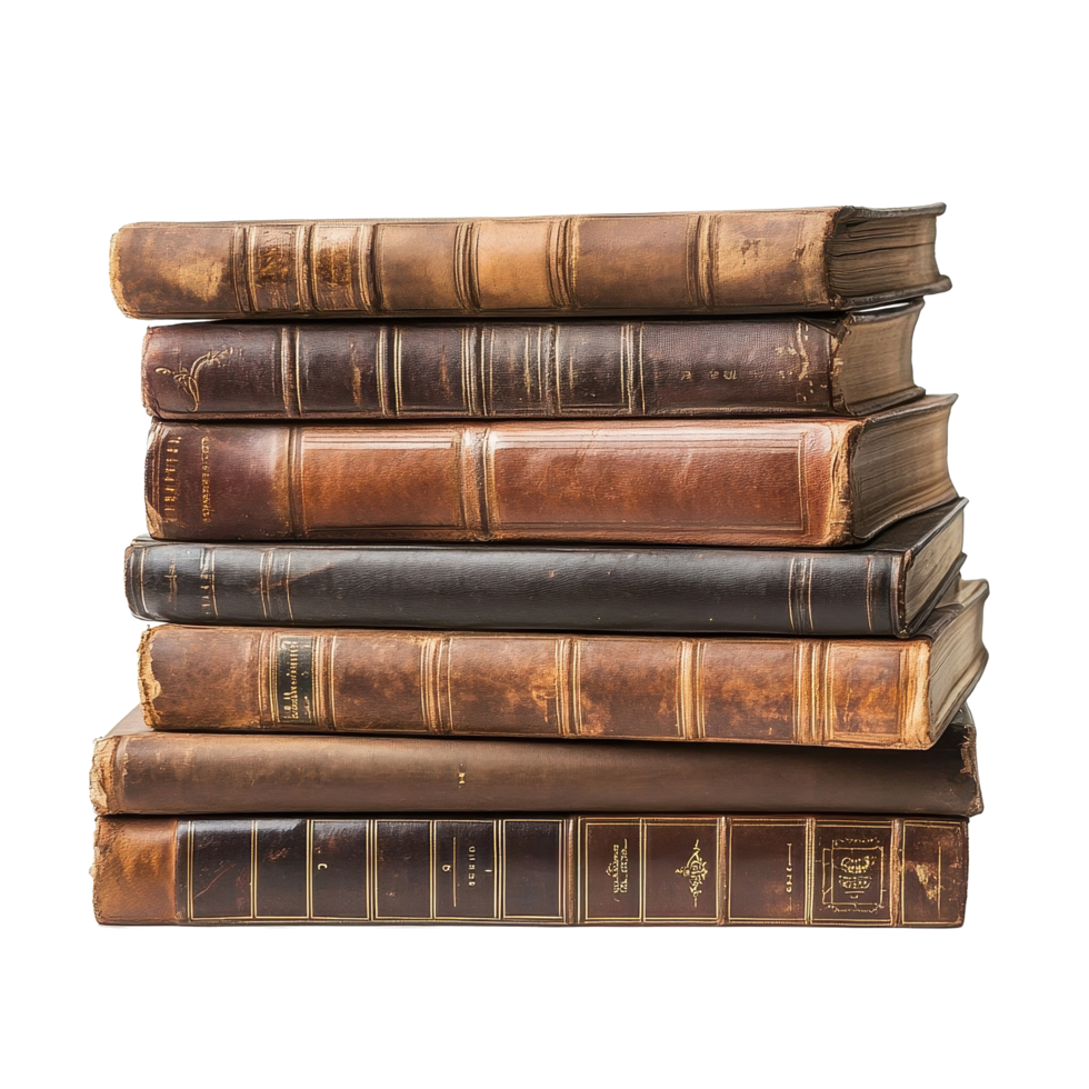 Old books with leather covers stacked on a Transparent background for a vintage aesthetic, stack old books with leather covers, background png