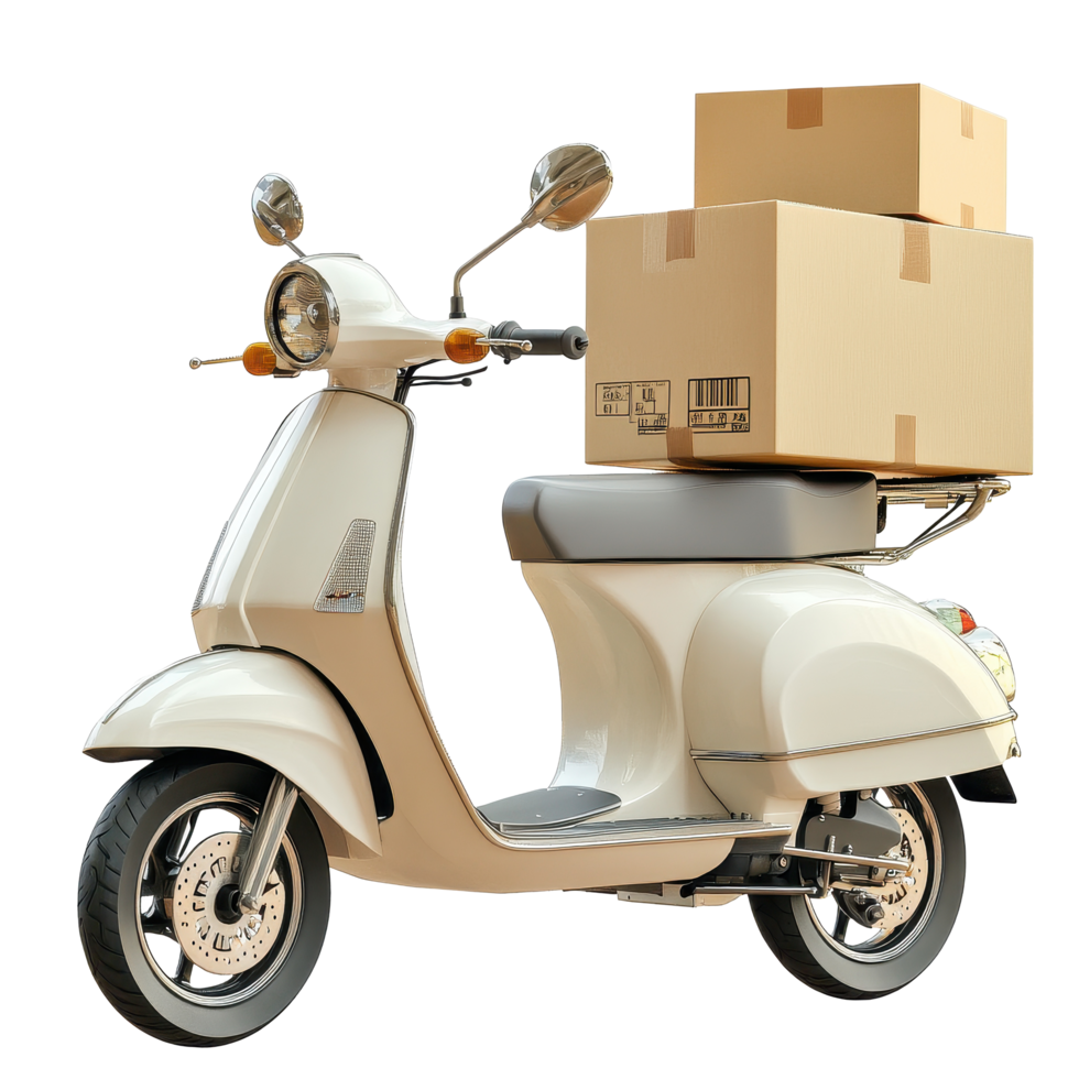 Delivery scooter ready for transport with cargo boxes on a bright background, Transparent background a scooter with a delivery box,isolated on background png