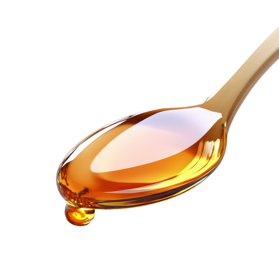 Golden honey on a spoon with a drop forming, showcasing its texture and elegance, spoon honey with a liquid drop, Transparent background png