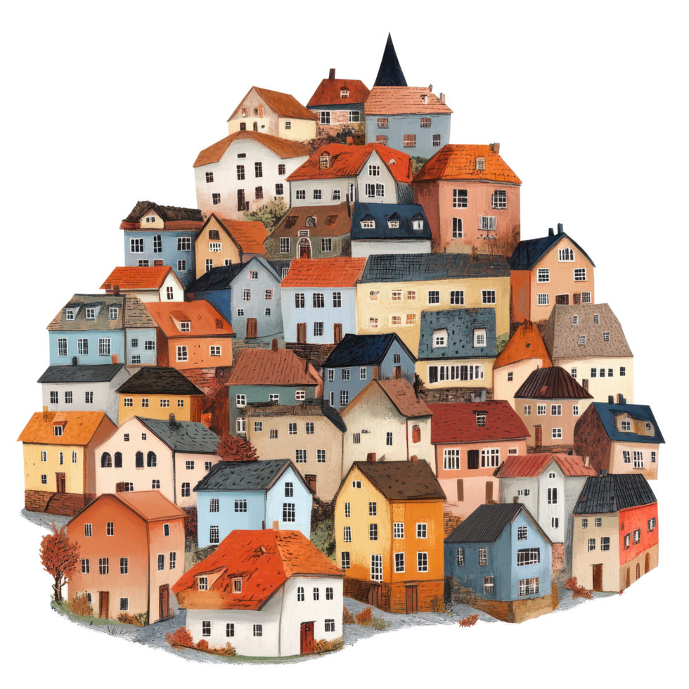 Charming hillside town filled with colorful houses against a Transparent background, small town with many houses on a hill, background png