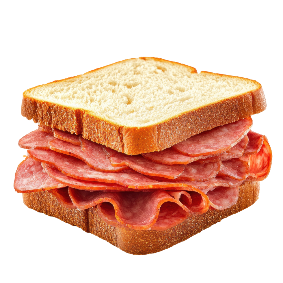 Sliced sausage sandwich stacked between two slices of bread on Transparent background, Sandwich with sliced sausage isolated on png