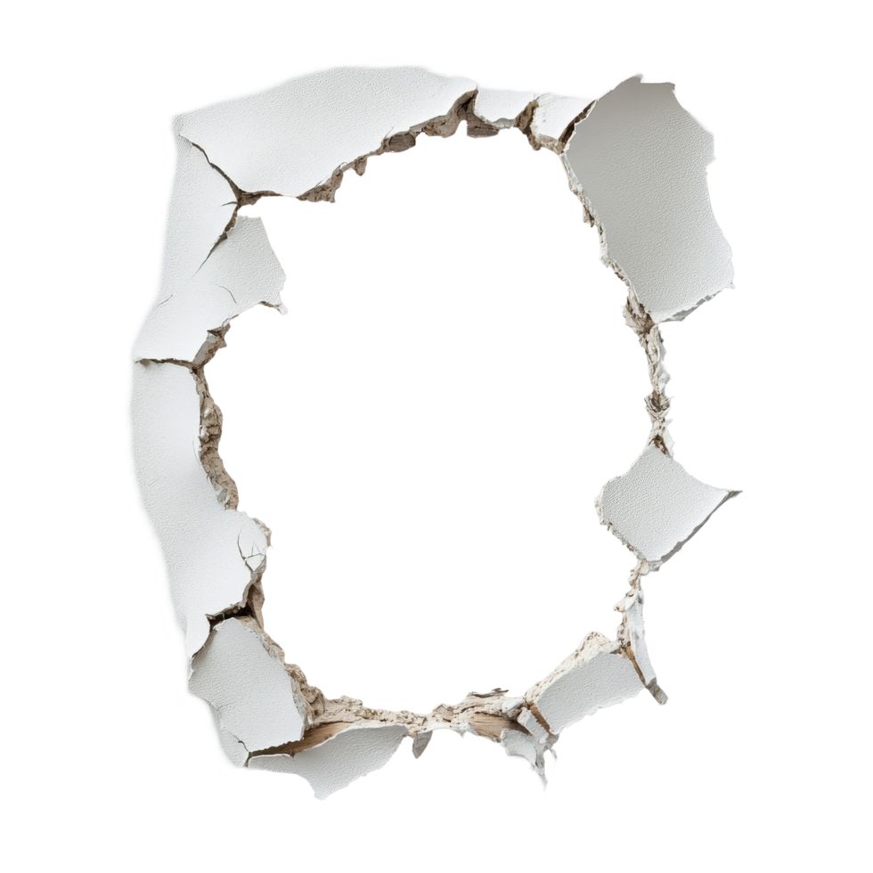 Wall torn open revealing a hole showcasing inner layer in minimalistic Transparent background setting, Wall Torn Open, Revealing Hole.. png
