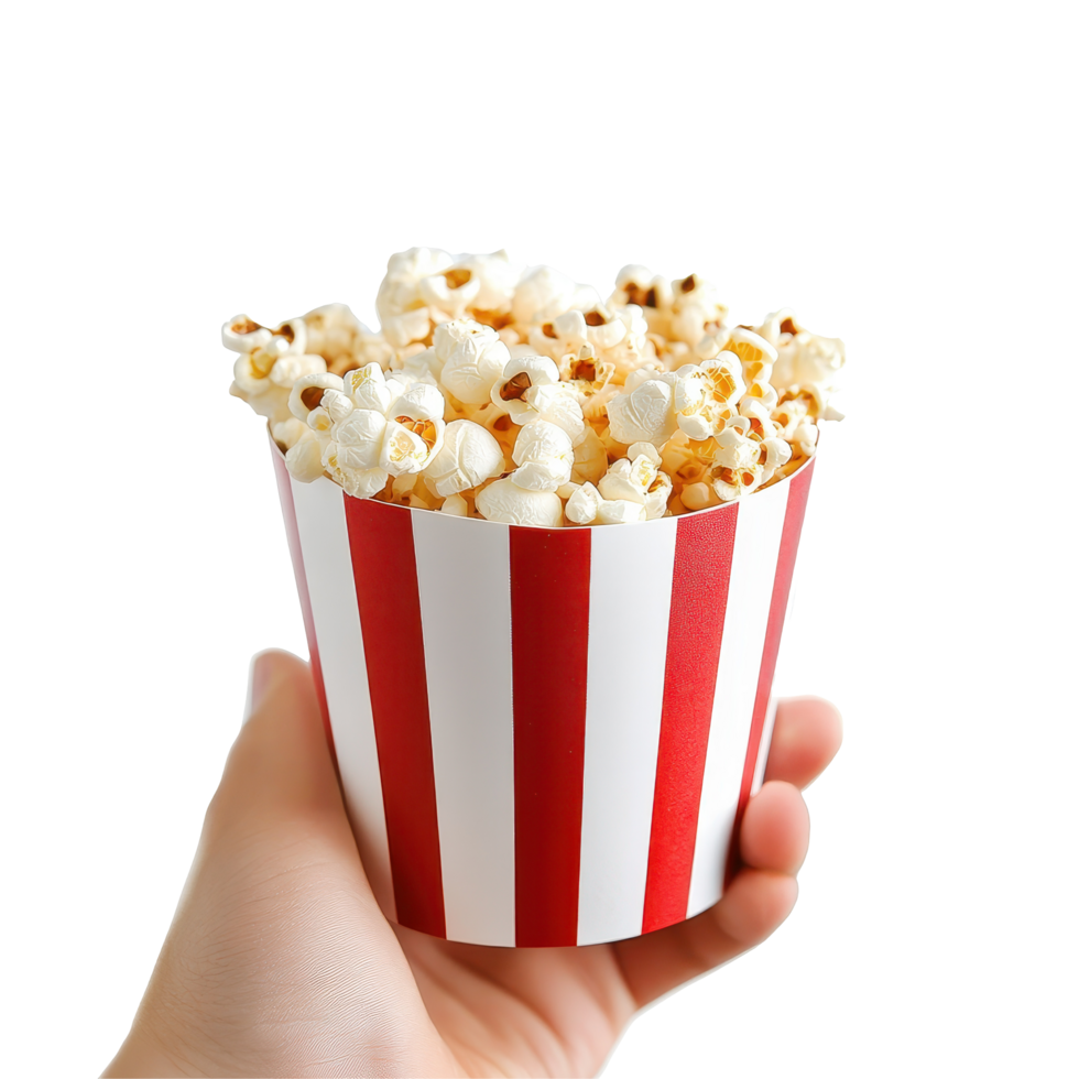 Hand holding a red and white striped cup filled with fresh popcorn ready for enjoyment, The Popcorn Connoisseur A Hand Holding a Red and White Striped Cup Popcorn, Transparent background png