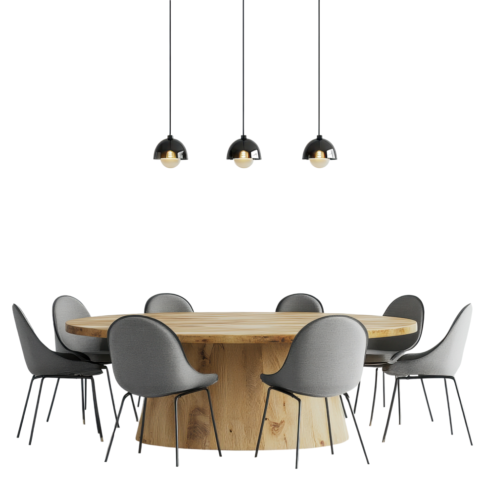 Modern round table setup with stylish chairs and pendant lighting in bright indoor space, Round table with chairs and lights, Transparent background png