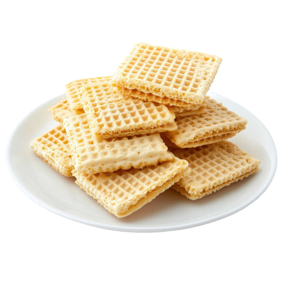 Crispy wafers piled neatly on a plate against a Transparent background for an appealing treat display, Wafers in a plateisolated on background png