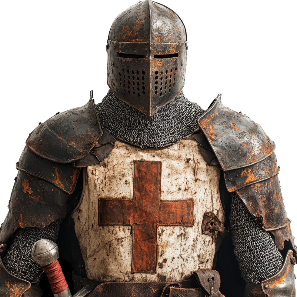 Rusty armor of a Knight Templar showcasing a weathered cross emblem, Rusty Armor Knights Templar Cross Equestrian Order th Century Military Heritage Medieval Costume, Transparent background png