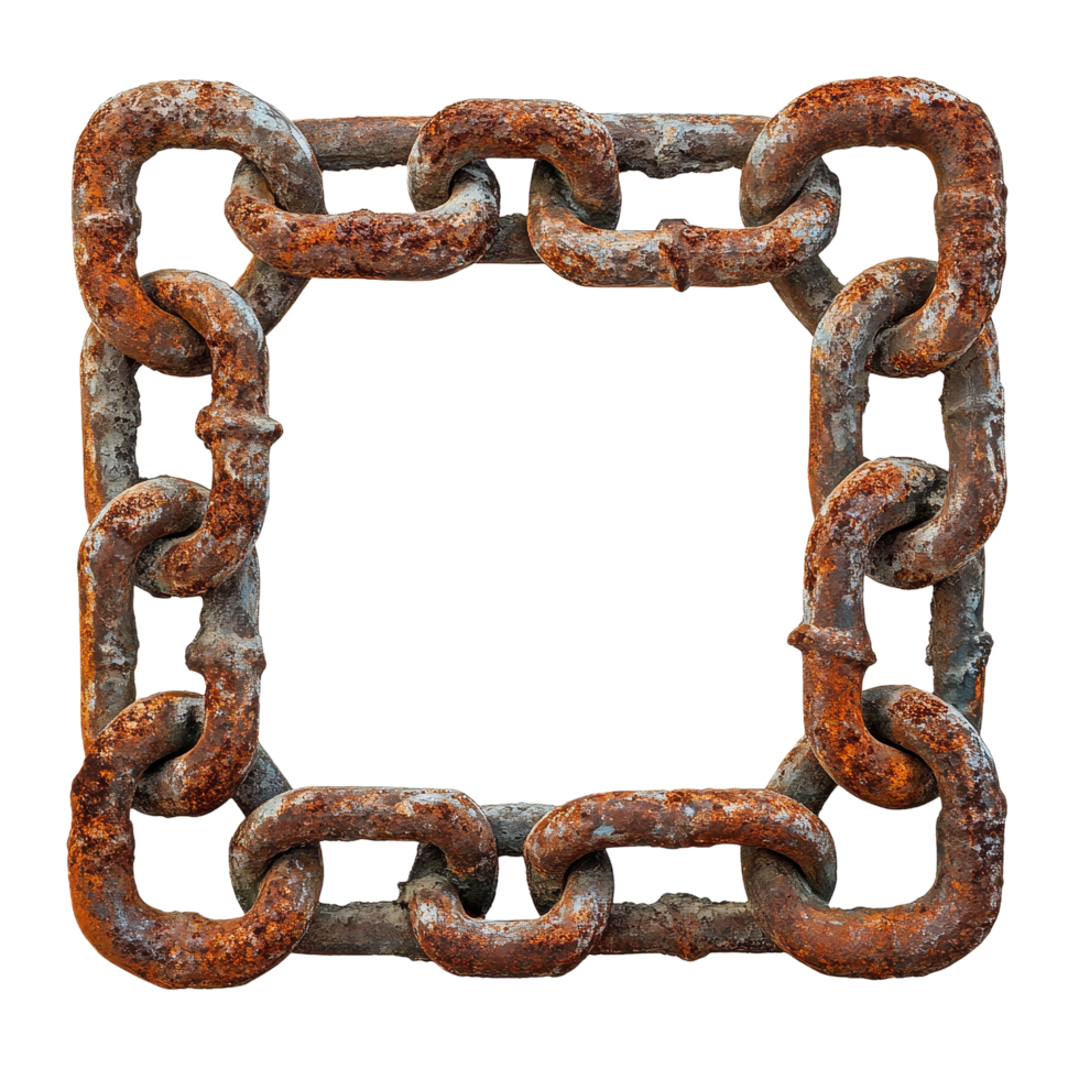 Rusty square chain frame isolated on Transparent background showcases weathered metal texture and unique design, Rusty chain square isolated on png