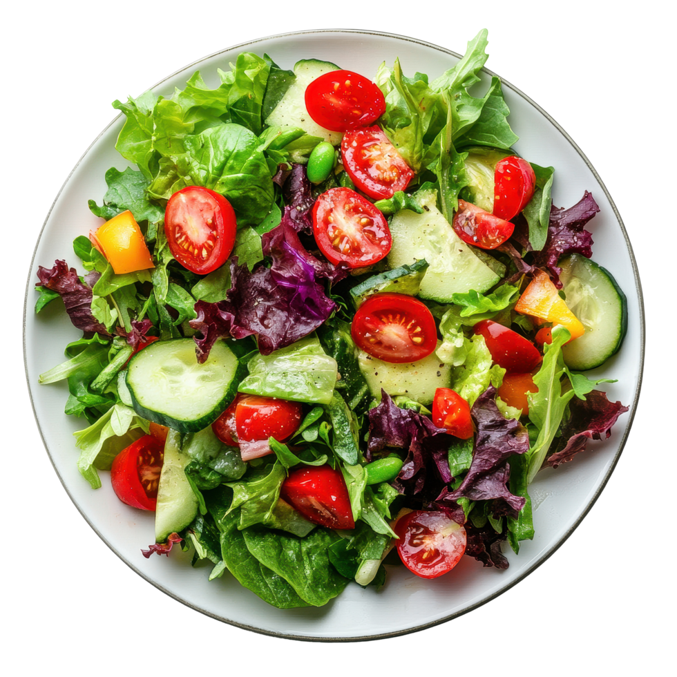 Fresh mixed salad with cherry tomatoes and cucumbers served on a white plate, salad in plate isolated on Transparent background png