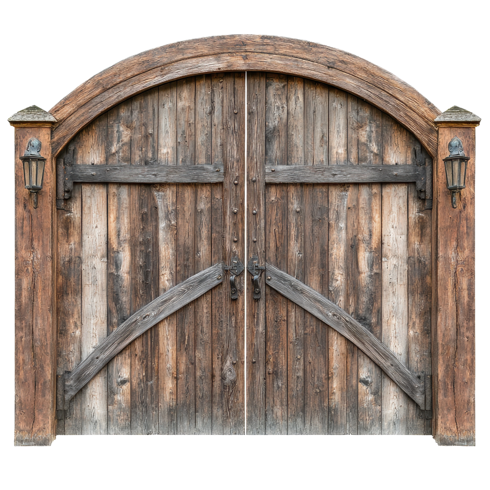 Rustic wooden gates with arched design isolated on Transparent background for decorative and architectural use, Rustic wooden gates with arched isolated on background or white backgroud png