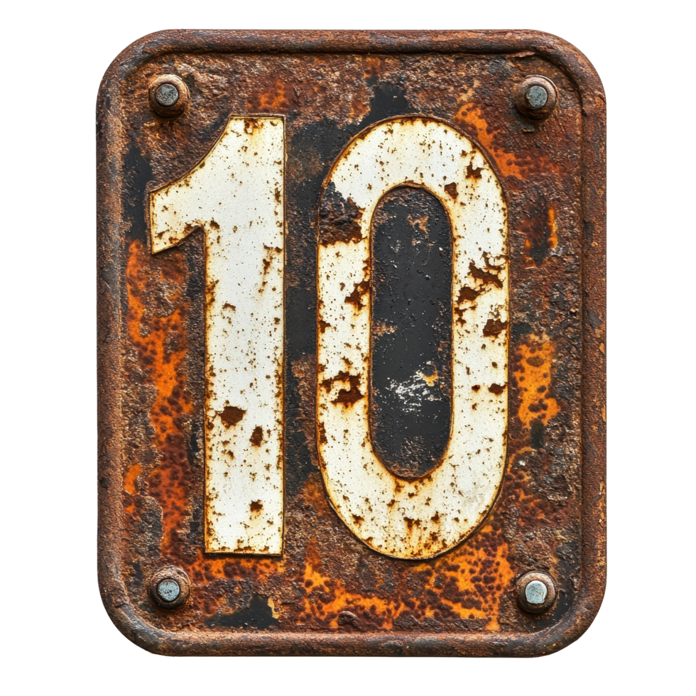 Weathered rusty sign displaying number ten on a Transparent background, rusty old sign with the number ten on it, background png