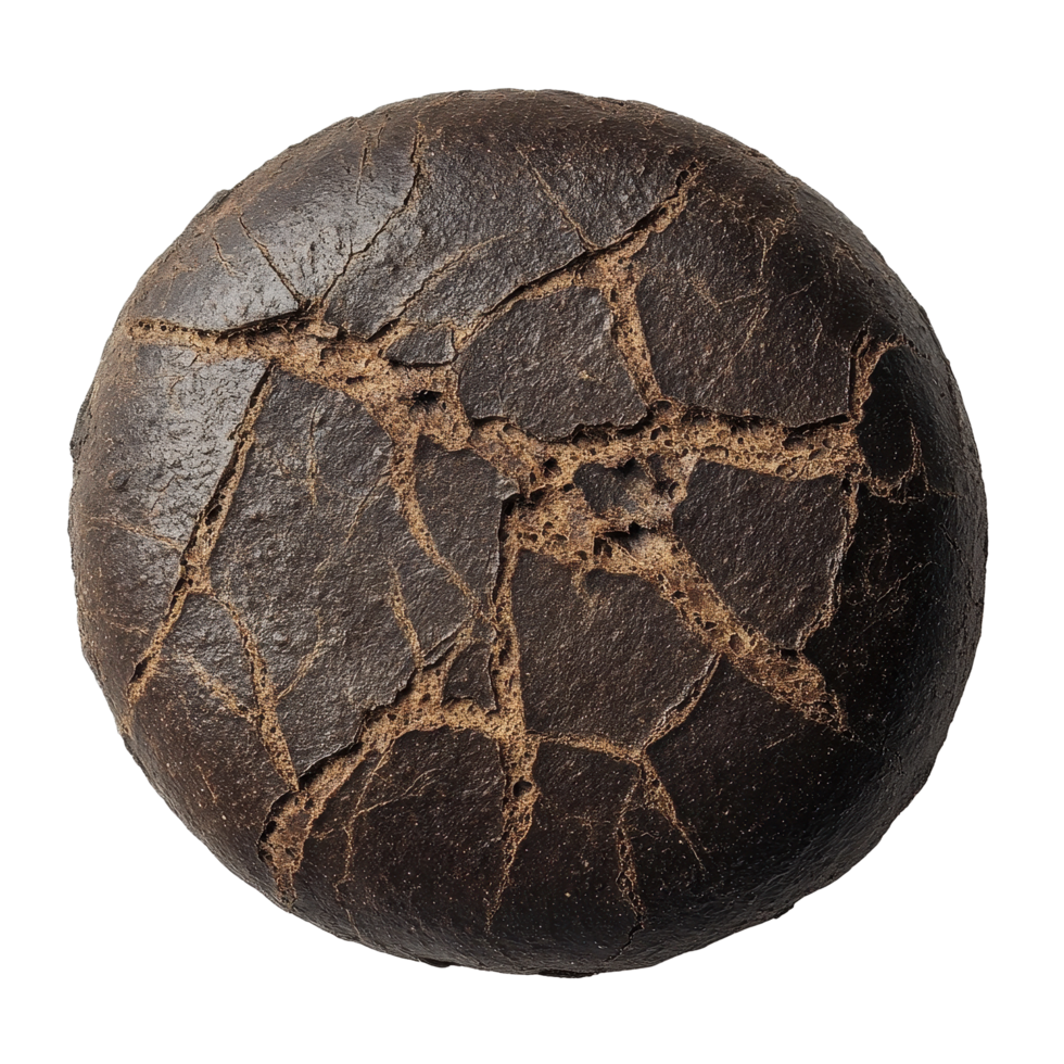 Dark round bread with cracked crust displayed on a clean surface, Round dark bread with cracked baked crust png