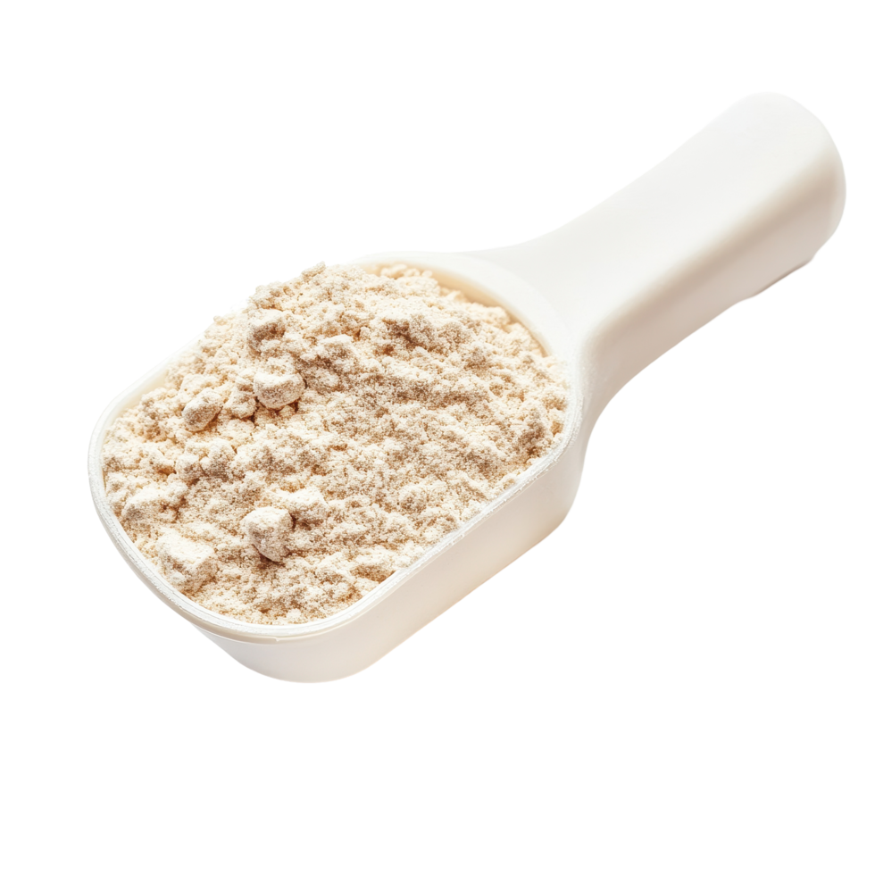 Whey protein scoop filled with powder isolated on a clean Transparent background, whey protein in scoop isolated on background png