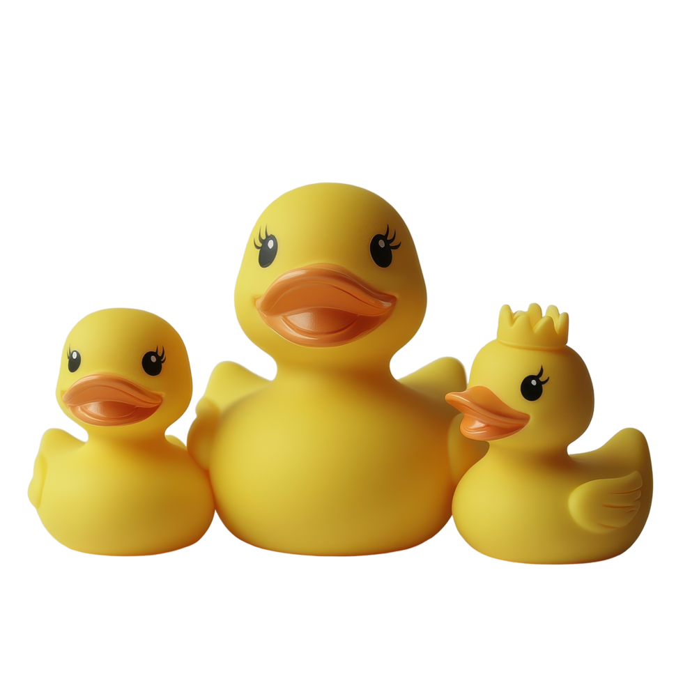 Family of cheerful rubber ducks in yellow colors arranged playfully on a simple background, Rubber Ducks Family png