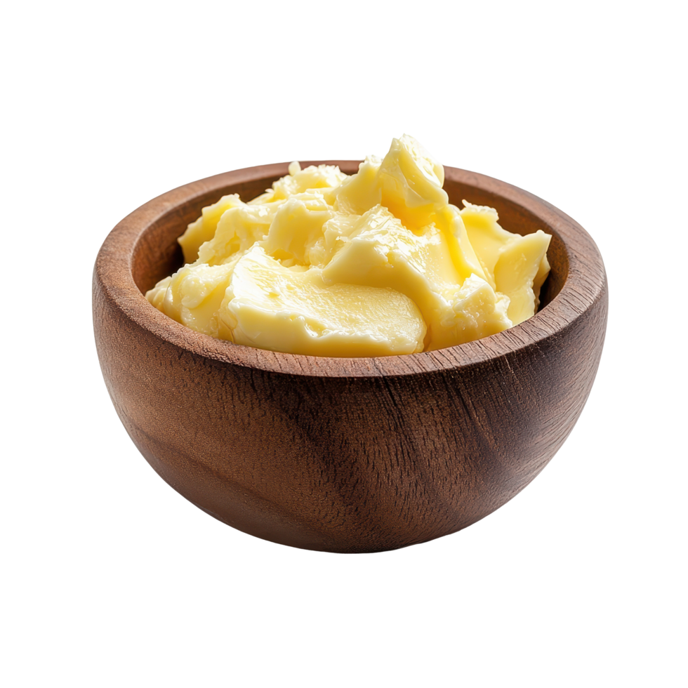 Wooden bowl filled with creamy butter on a Transparent background ready for culinary use, wooden bowl filled with a mixture butter, background png
