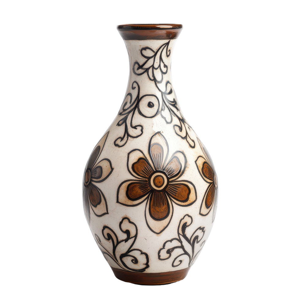 Elegant brown and white ceramic vase adorned with floral patterns against a clean backdrop, vase with a brown and white design on it, Transparent background png