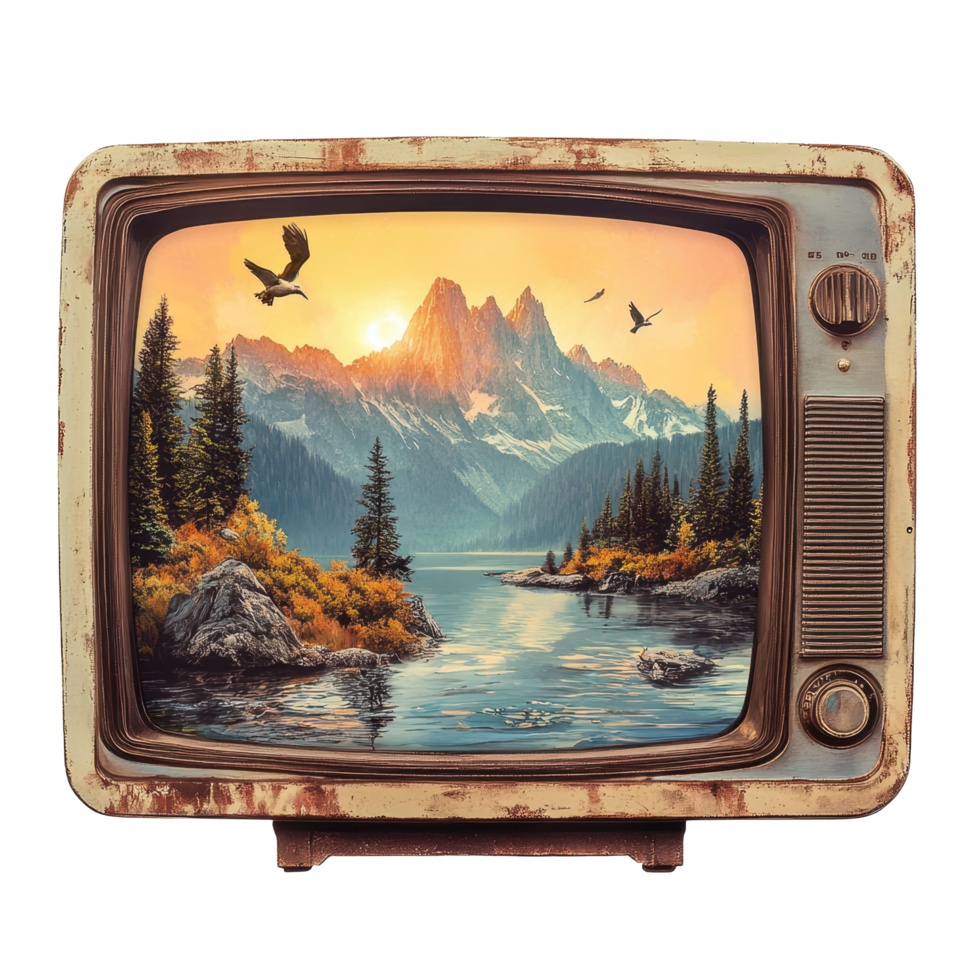 Vintage television displays serene lake with mountains and wildlife in tranquil sunset setting, Scenic Vintage Sun A Television in a Serene Lake ting with Mountain Cliffs and Trees, Transparent png