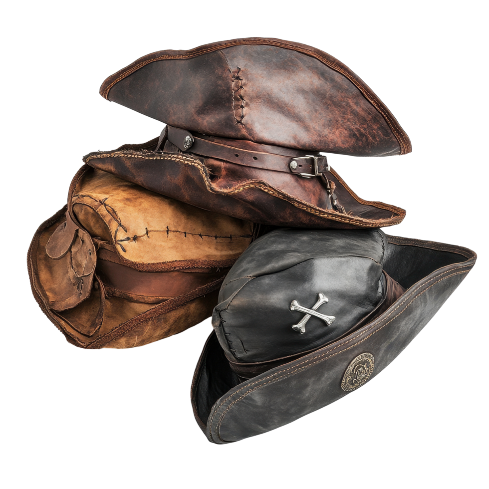 Rustic pirate hats made from authentic leather and cloth for adventurous souls and collectors, Rustic Pirate Hats, Authentic Leather and Cloth Pirate Headwear, isolated on Transparent background png