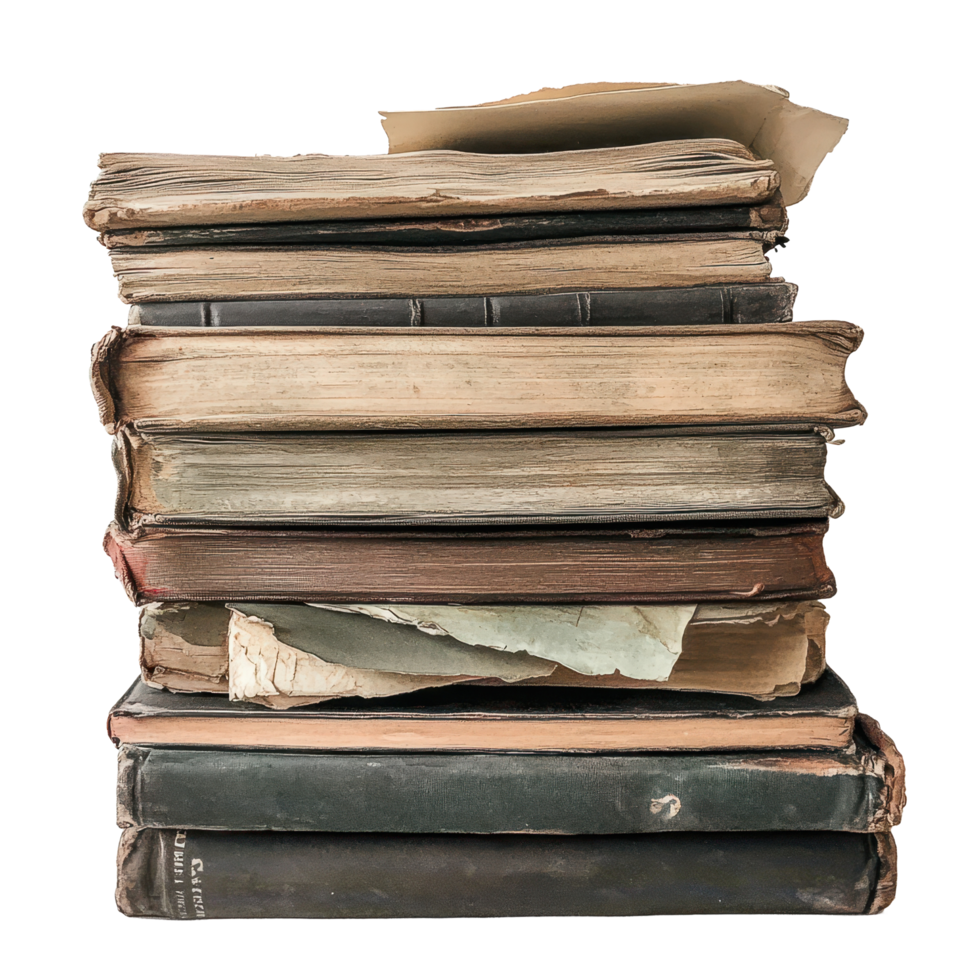 Stacked old books with torn pages showcasing their history and wear in a simple setting, stack old books with a few pages torn off, Transparent background png