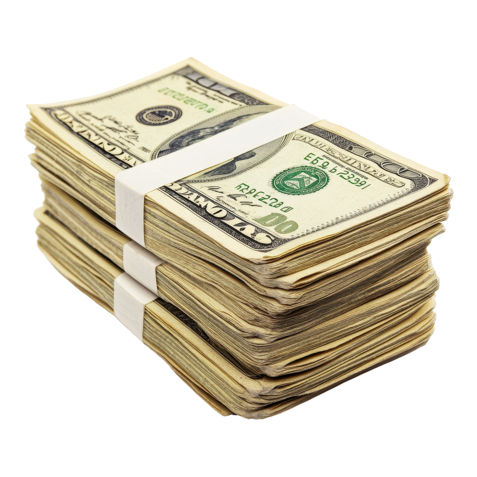 Stacks of money bundled together on a clean Transparent background for a financial theme, Wads Money isolated on background png