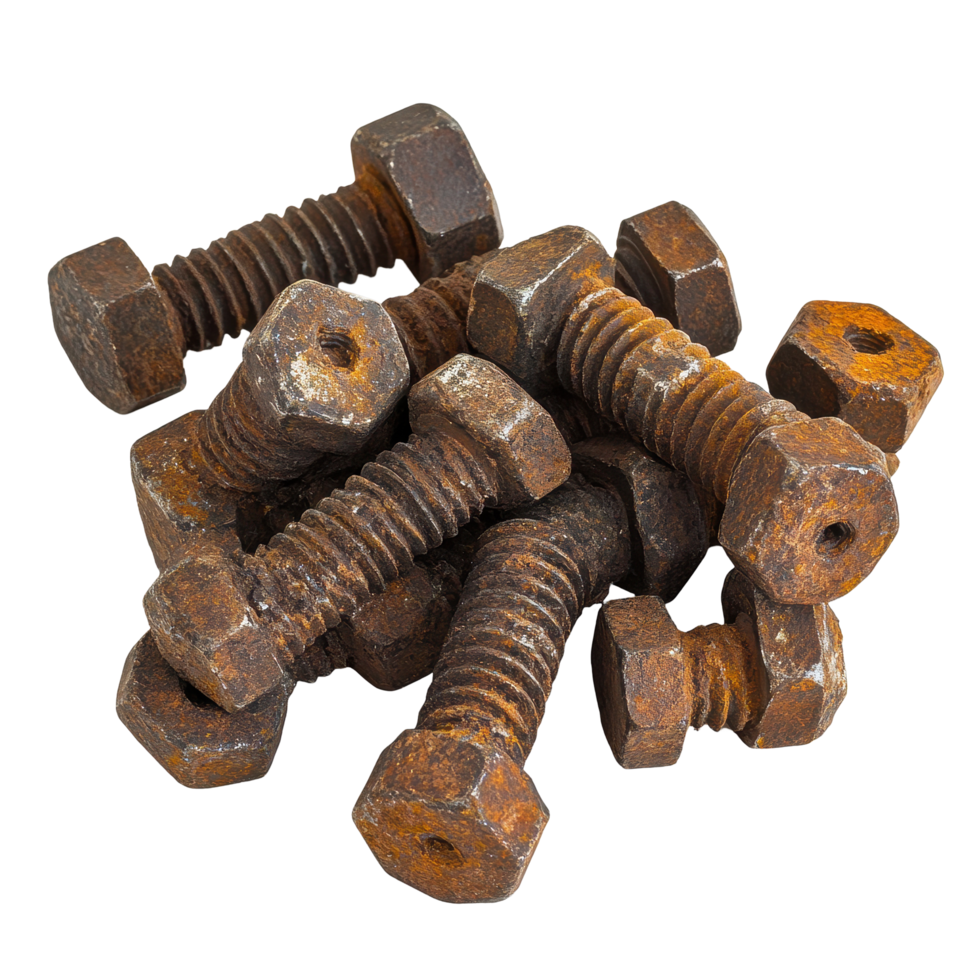 Rusty hex bolts exhibit material weathering and decay over time in industrial environments, Rusty Hex Bolts A Study in Material Weathering, Transparent background png
