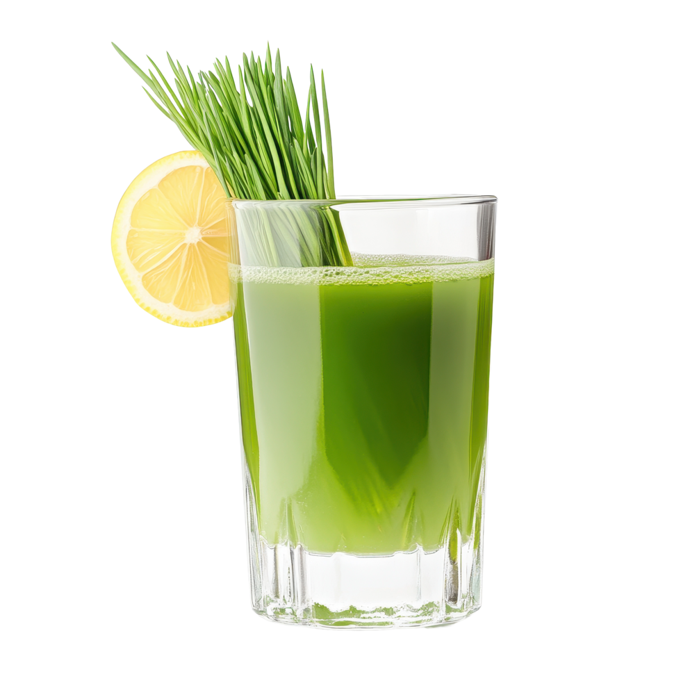 Refreshing wheat grass juice with a lemon slice garnished in a clear glass on a Transparent background, Wheat grass juice with lemon slice in glass on background png