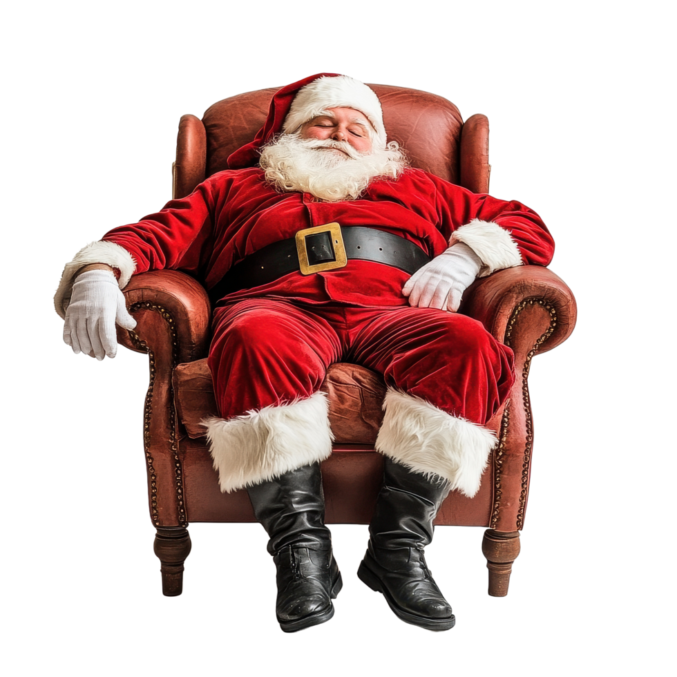 Santa Claus peacefully resting in a chair after a long night of delivering gifts to children, Santa Claus Asleep in a Chair After His Busy Deliveries on Transparent background, background png