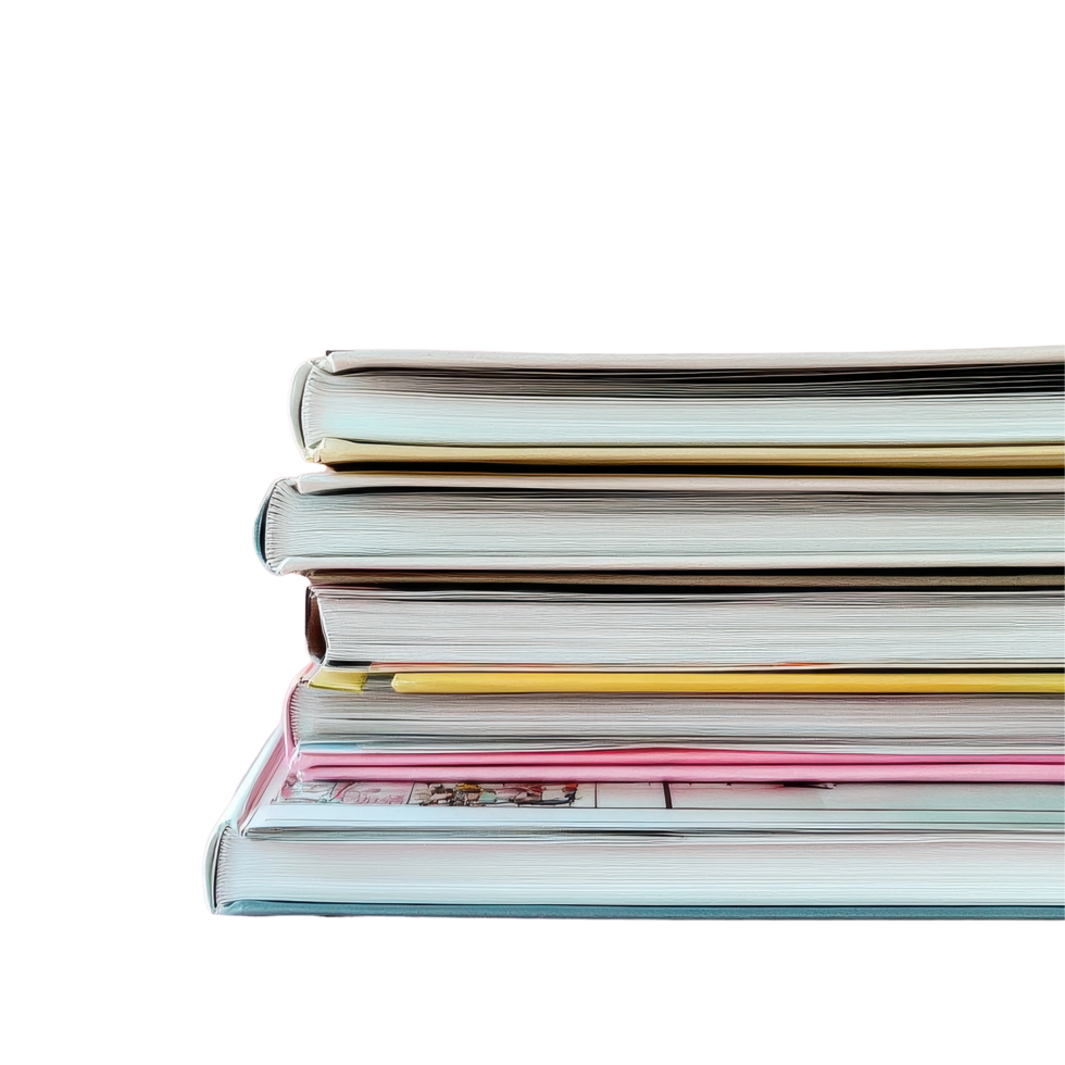 Stacked magazines on a pink surface with a Transparent background creating an aesthetic display, stack magazines on a pink surface, png