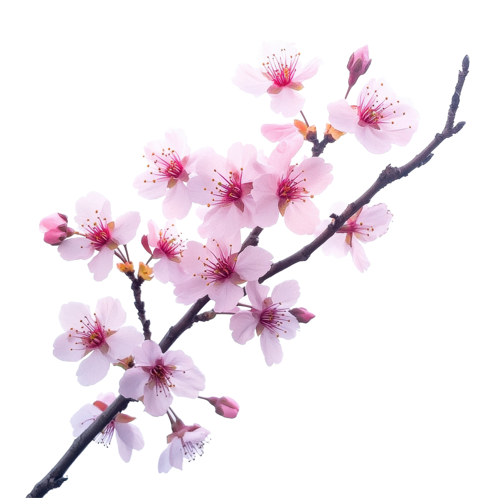 Wild Himalayan cherry blossoms in full bloom showcasing delicate pink flowers on a slender branch, Sakura flowers a branch wild Himalayan cherry blosso Transparent background transparent, png