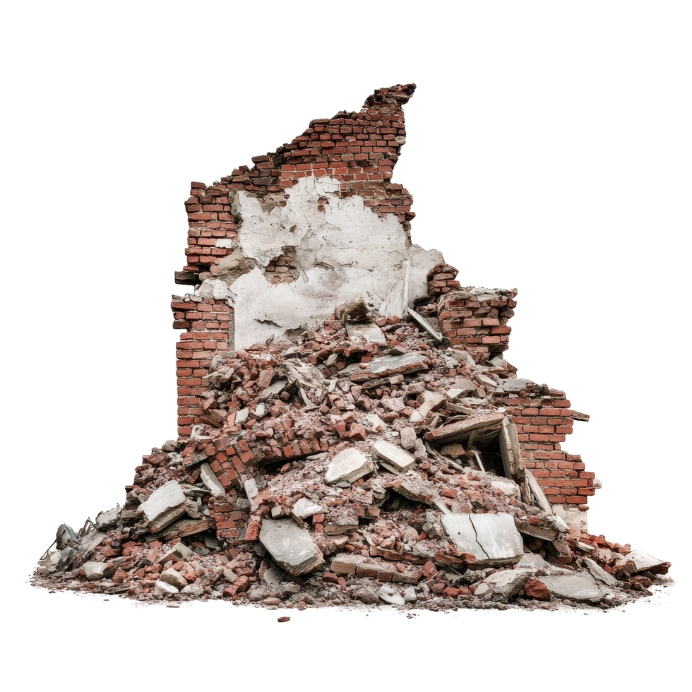 Ruined building pile shows destruction and decay in urban environment against clean Transparent background, Ruined building pile isolated on png