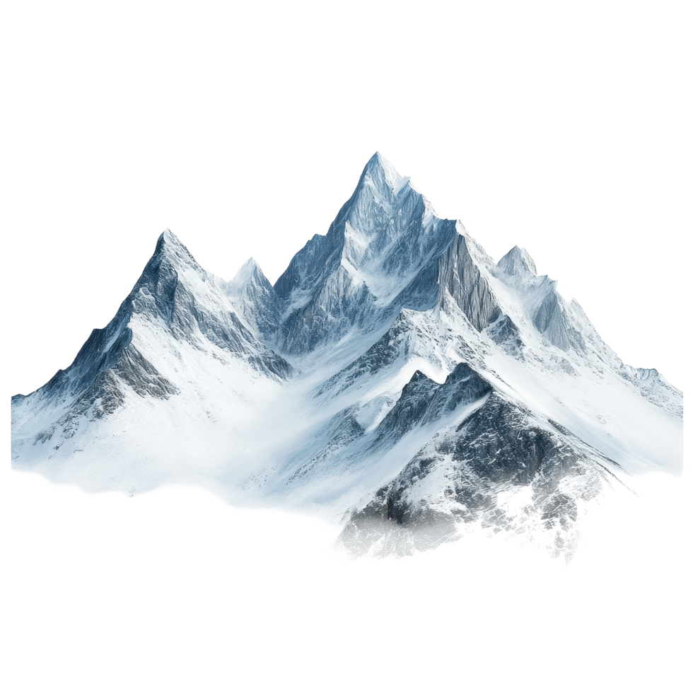 Snow capped mountains rising majestically against a white backdrop in winter's serene embrace, Snow capped mountains isolated on Transparent background, background png