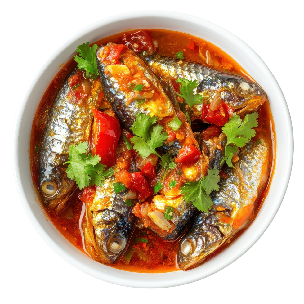 Enjoy spicy sardines in tomato sauce for a delicious and flavorful meal experience, Spicy Sardines in tomato sauce canned fish ,Yum thai food styleisolated on Transparent background png