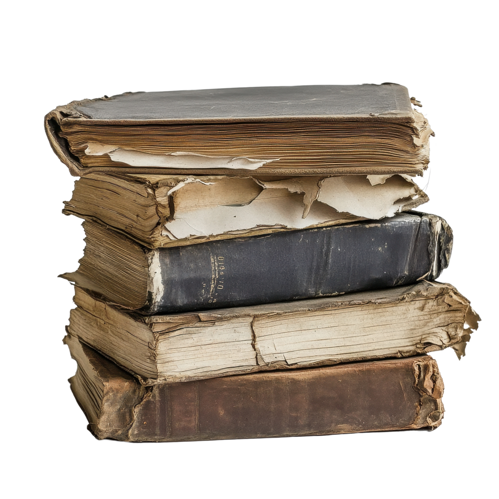 Collection of old, worn books stacked on a Transparent background showcasing their vintage charm and history, stack old books with a few pages torn off, background png