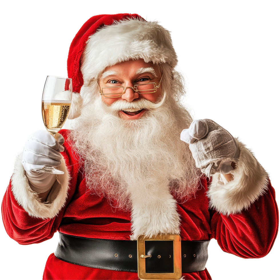 Santa Claus cheers with champagne and celebrates joyfully during the festive holiday season, Santa claus with one glass champagne, celebrating the new year, on Transparent background, png