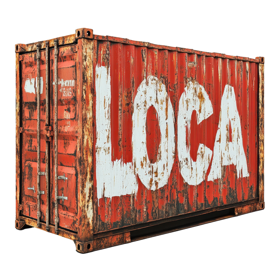 Rusty cargo container featuring the word loca in bold white letters against a weathered red background, rusty container with the word loca painted on it, Transparent background png