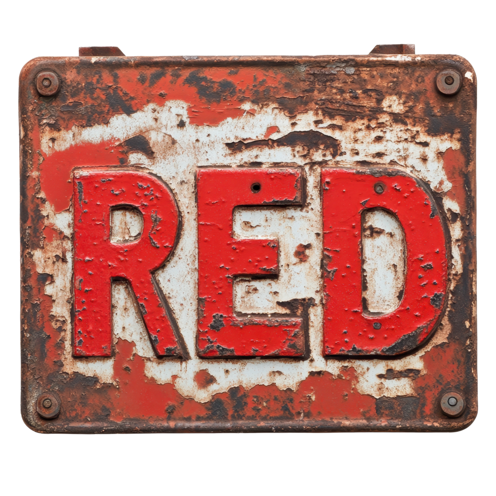 Rusty red sign with the word red on a Transparent background displayed in an urban setting, rusty red sign with the word red on it, background png