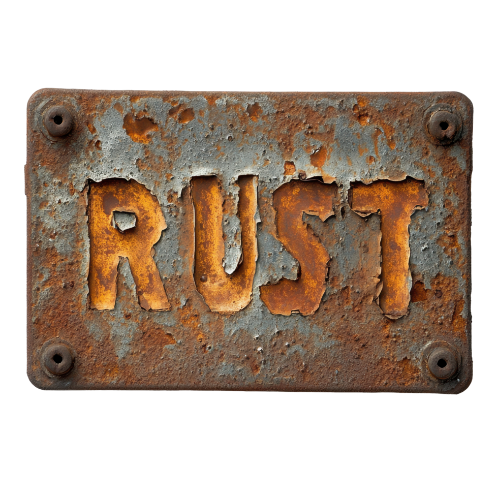 Rusty sign with the word rust prominently displayed against a Transparent background, rusty sign that says rust cast on a png