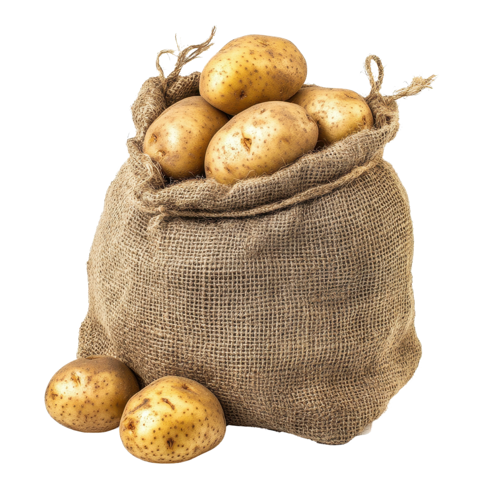 Sack filled with fresh potatoes on a clean Transparent background ready for culinary use, Sack potatoes isolated on png