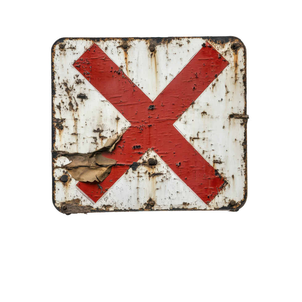 Old battered sign with worn red cross symbol highlights forgotten area near rural road, X-Marked Object Interest An Old Battered Sign with a Red X on the Left, Transparent background png