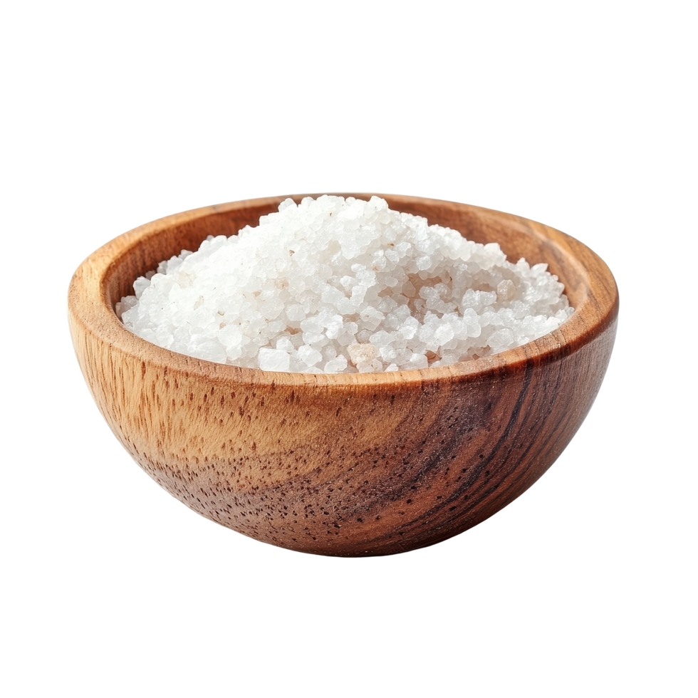 Salt contained in a wooden cup set against a clean Transparent background, showcasing a natural kitchen element, Salt in the wood cupisolated on background png