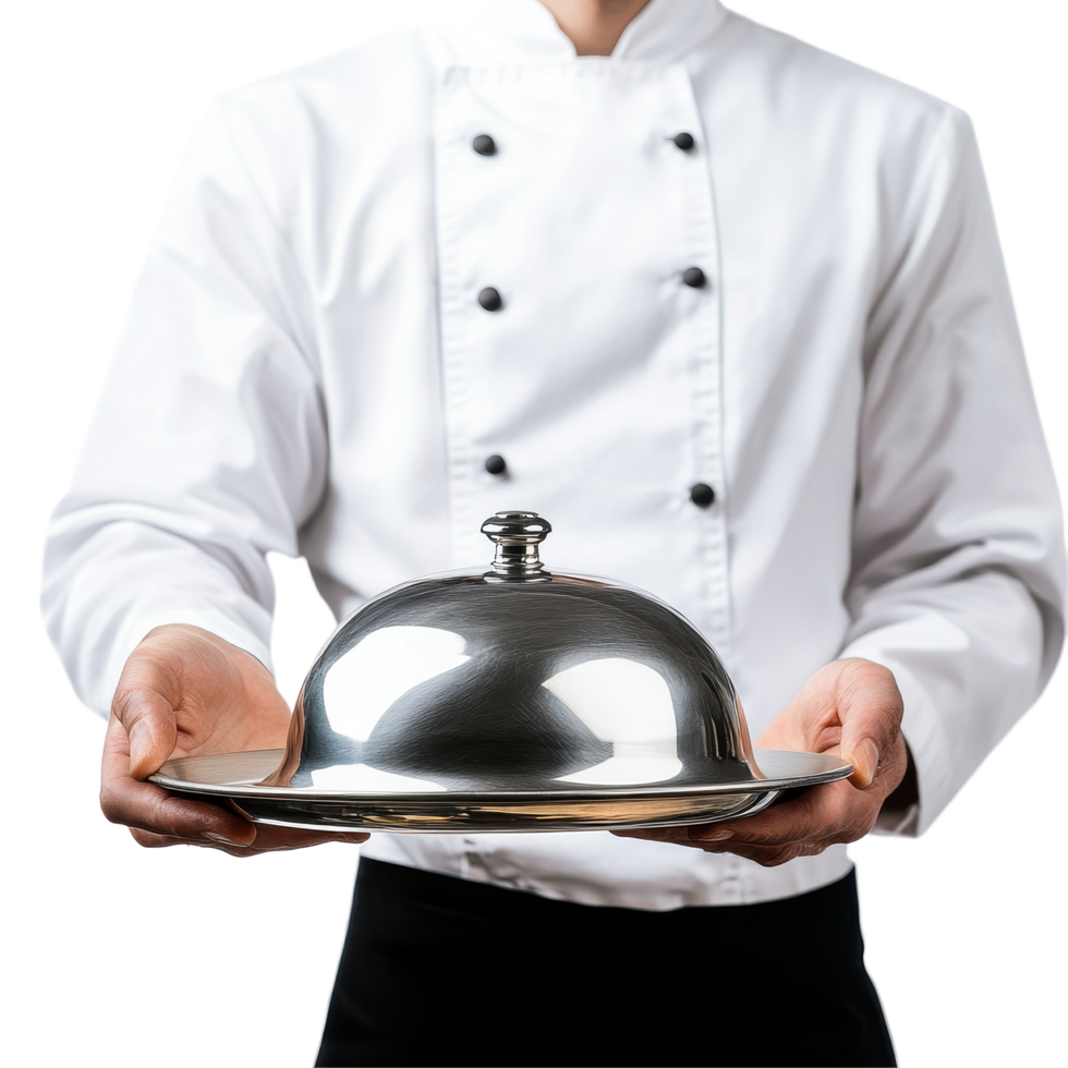 Waiter presents stainless steel cloche on tray to showcase gourmet meal in elegant dining environment, Waiter with Stainless Steel Cloche isolated on Transparent background, background png