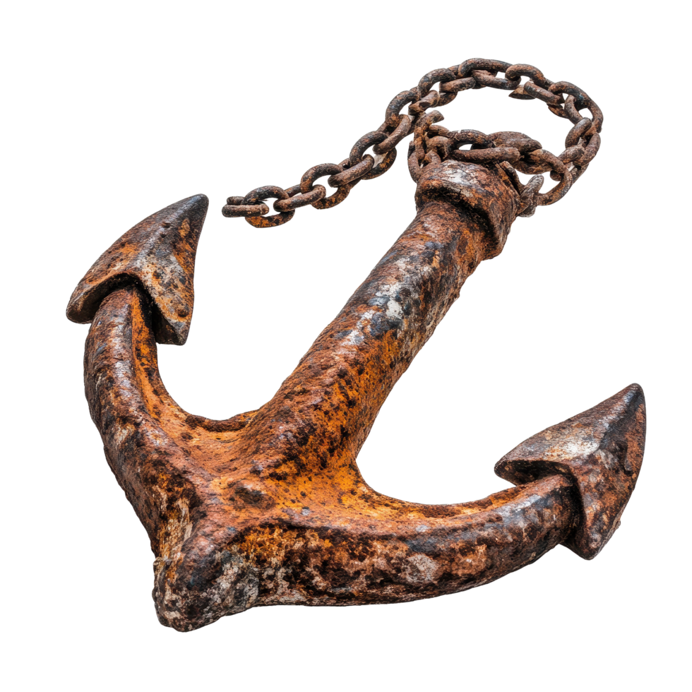 Rusty chain and abandoned anchor resting against a white backdrop illustrating maritime history, Rusty chain an abandoned anchor, Transparent background png