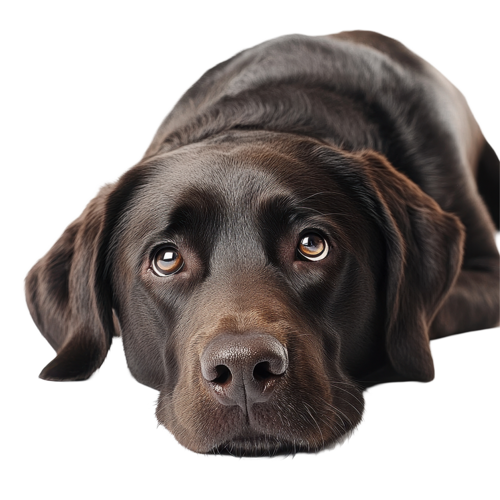 Sad Labrador retriever with soulful eyes resting on a Transparent background looking for attention, Sad Labrador retriever on background png