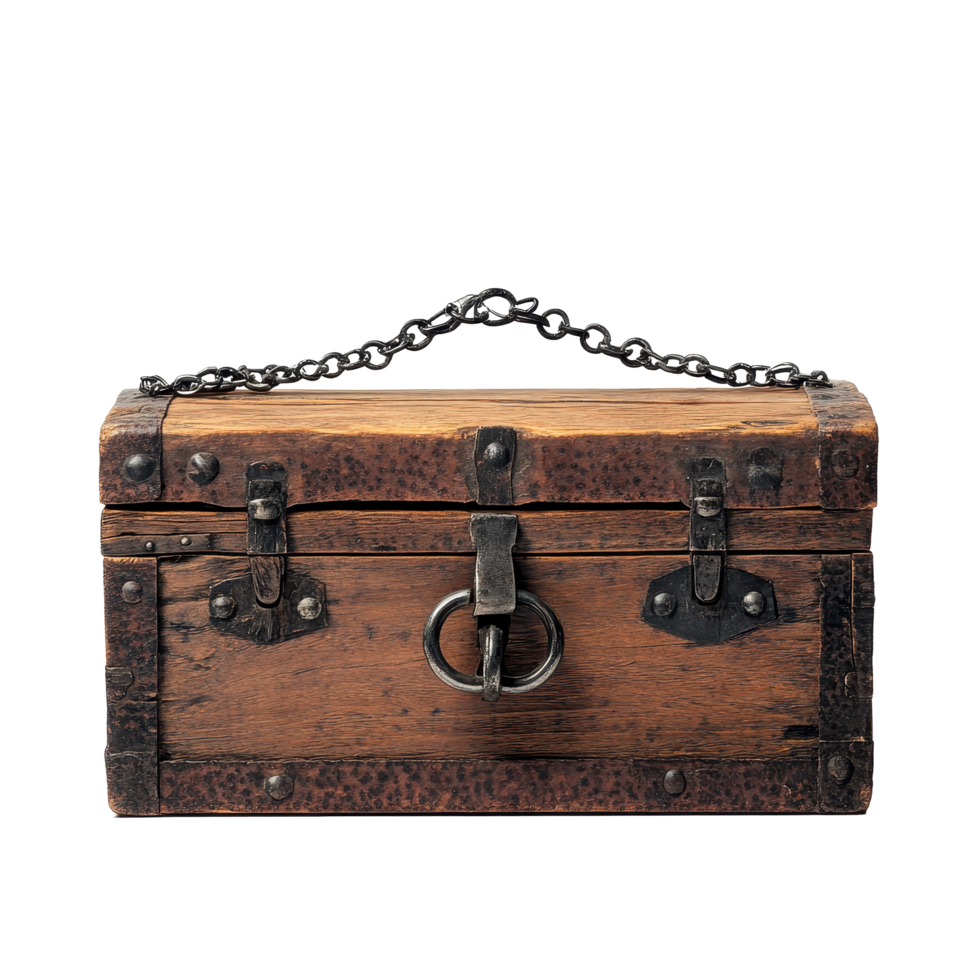 Vintage wooden chest with lock and chain on Transparent background for storage and decoration, wooden chest with a lock and a chain, background png